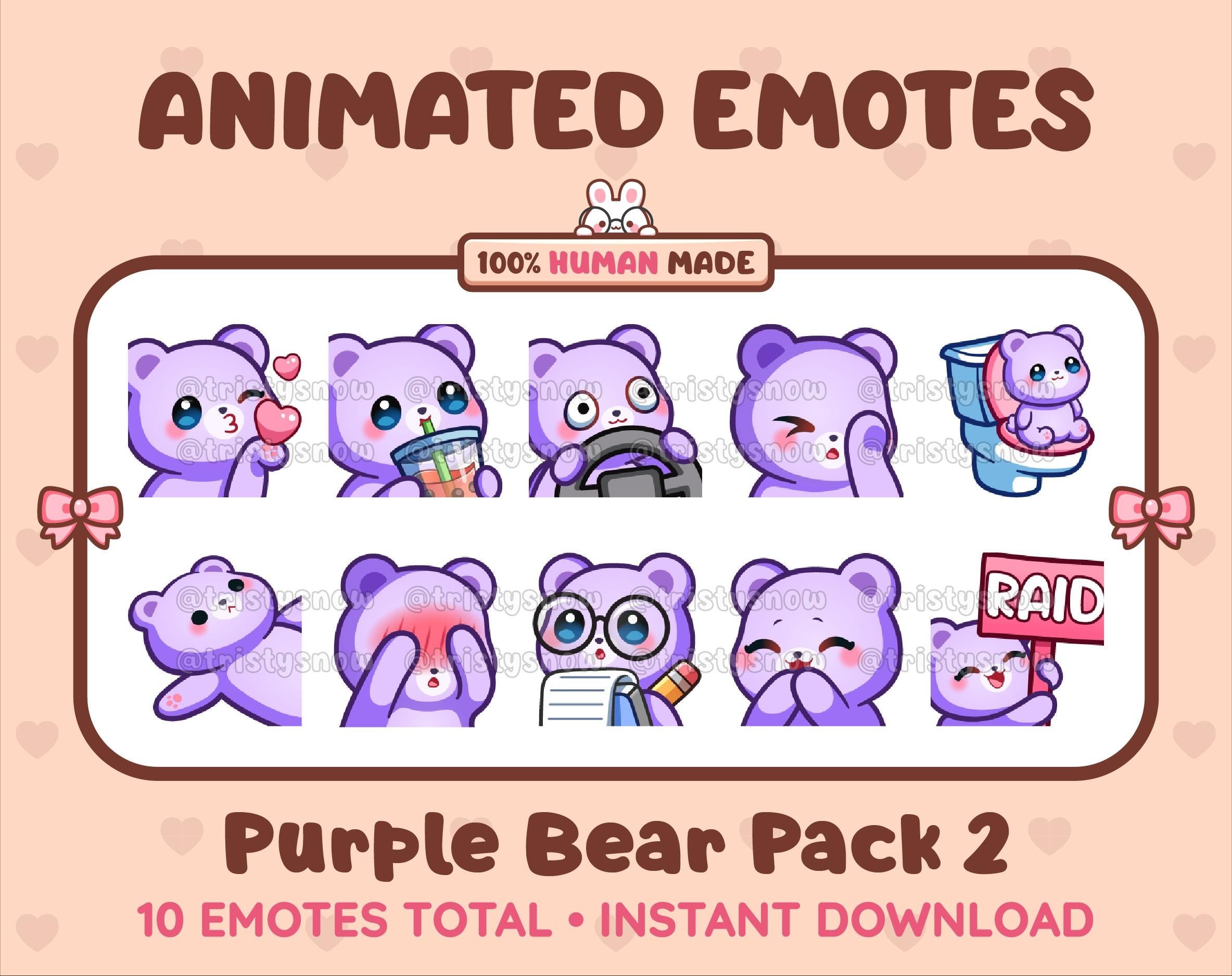 Purple Bear animated Twitch emote pack featuring 10 emotes including kiss, facepalm, shy, and raid.