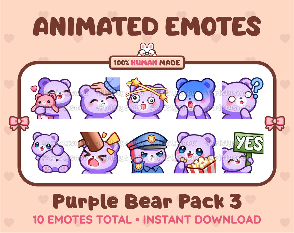 Purple Bear animated Twitch emote pack featuring 10 emotes including hug, scared, bonk, and popcorn.
