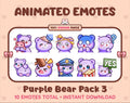 Purple Bear animated Twitch emote pack featuring 10 emotes including hug, scared, bonk, and popcorn.