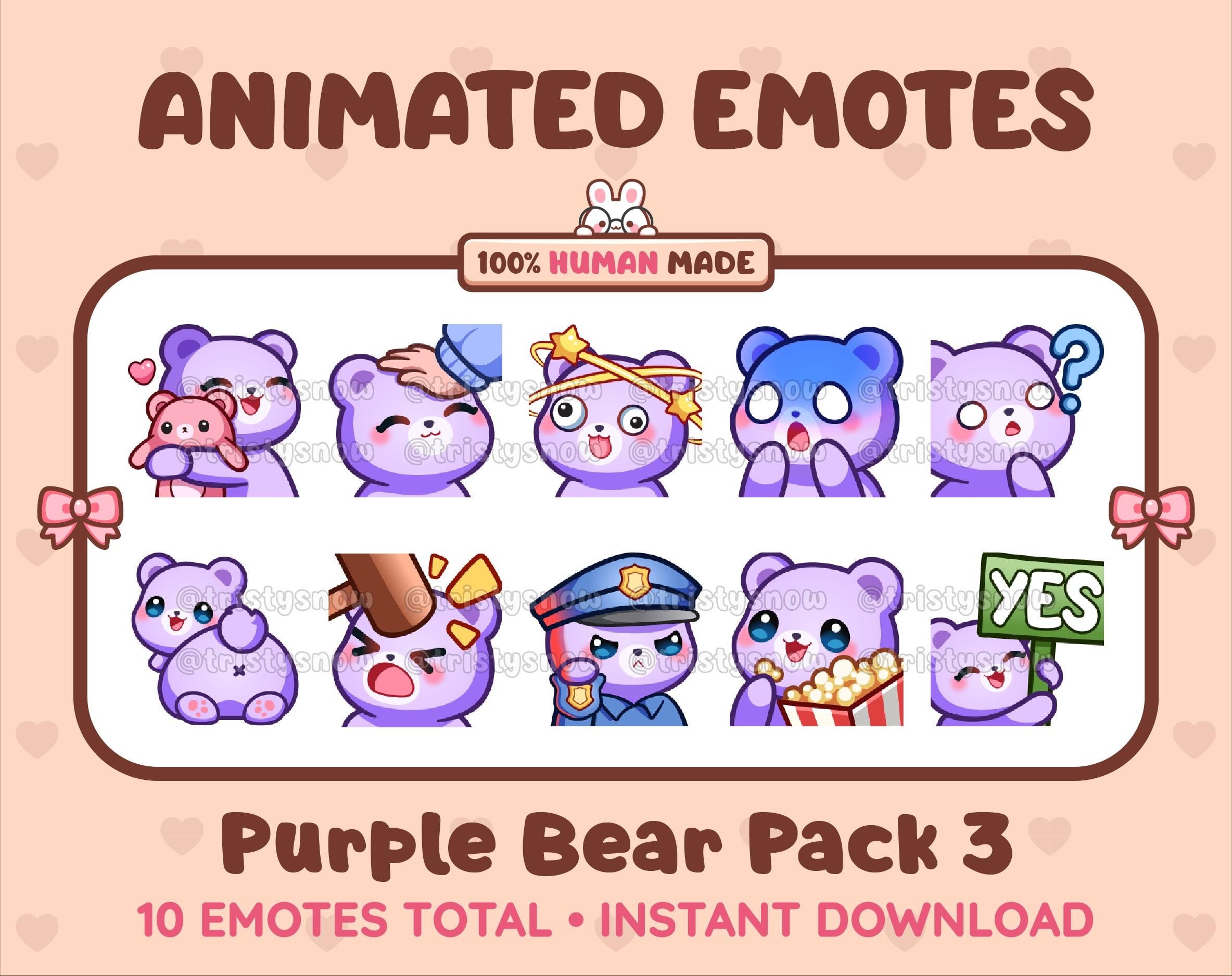 Purple Bear animated Twitch emote pack featuring 10 emotes including hug, scared, bonk, and popcorn.