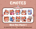 Red Fox Twitch emote pack featuring 10 emotes including GG, angry, cry, and hype.