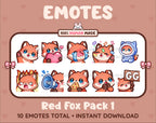 Red Fox Twitch emote pack featuring 10 emotes including GG, angry, cry, and hype.