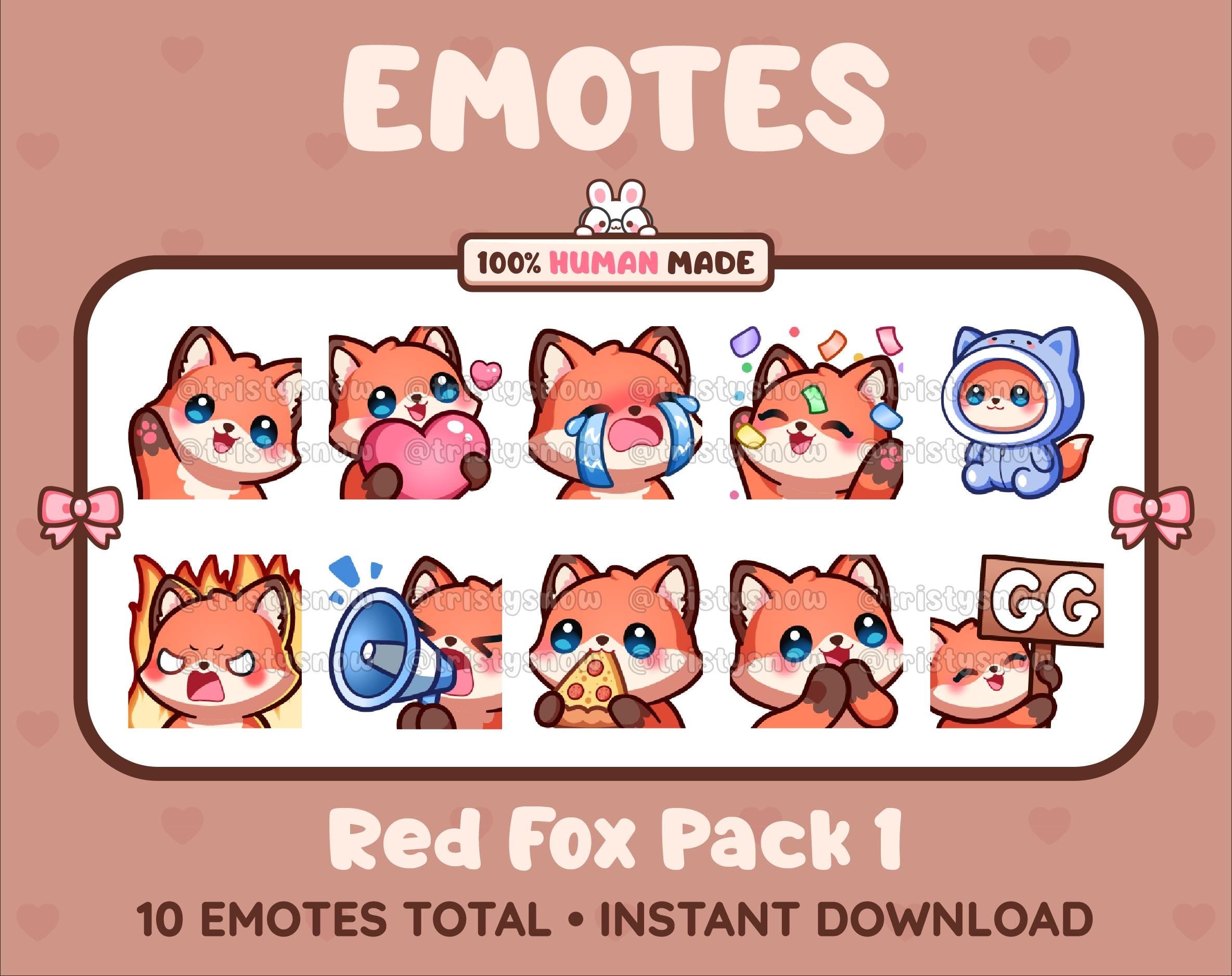 Red Fox Twitch emote pack featuring 10 emotes including GG, angry, cry, and hype.