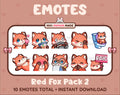 Red Fox Twitch emote pack featuring 10 emotes including kiss, facepalm, shy, and raid.