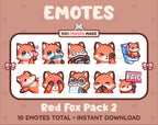 Red Fox Twitch emote pack featuring 10 emotes including kiss, facepalm, shy, and raid.