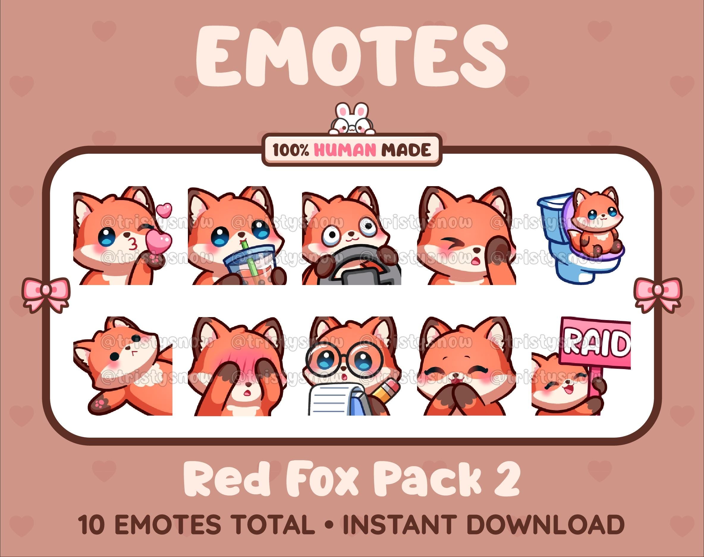 Red Fox Twitch emote pack featuring 10 emotes including kiss, facepalm, shy, and raid.