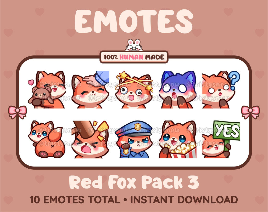 Red Fox Twitch emote pack featuring 10 emotes including hug, scared, bonk, and popcorn.