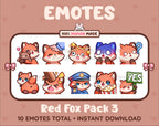 Red Fox Twitch emote pack featuring 10 emotes including hug, scared, bonk, and popcorn.