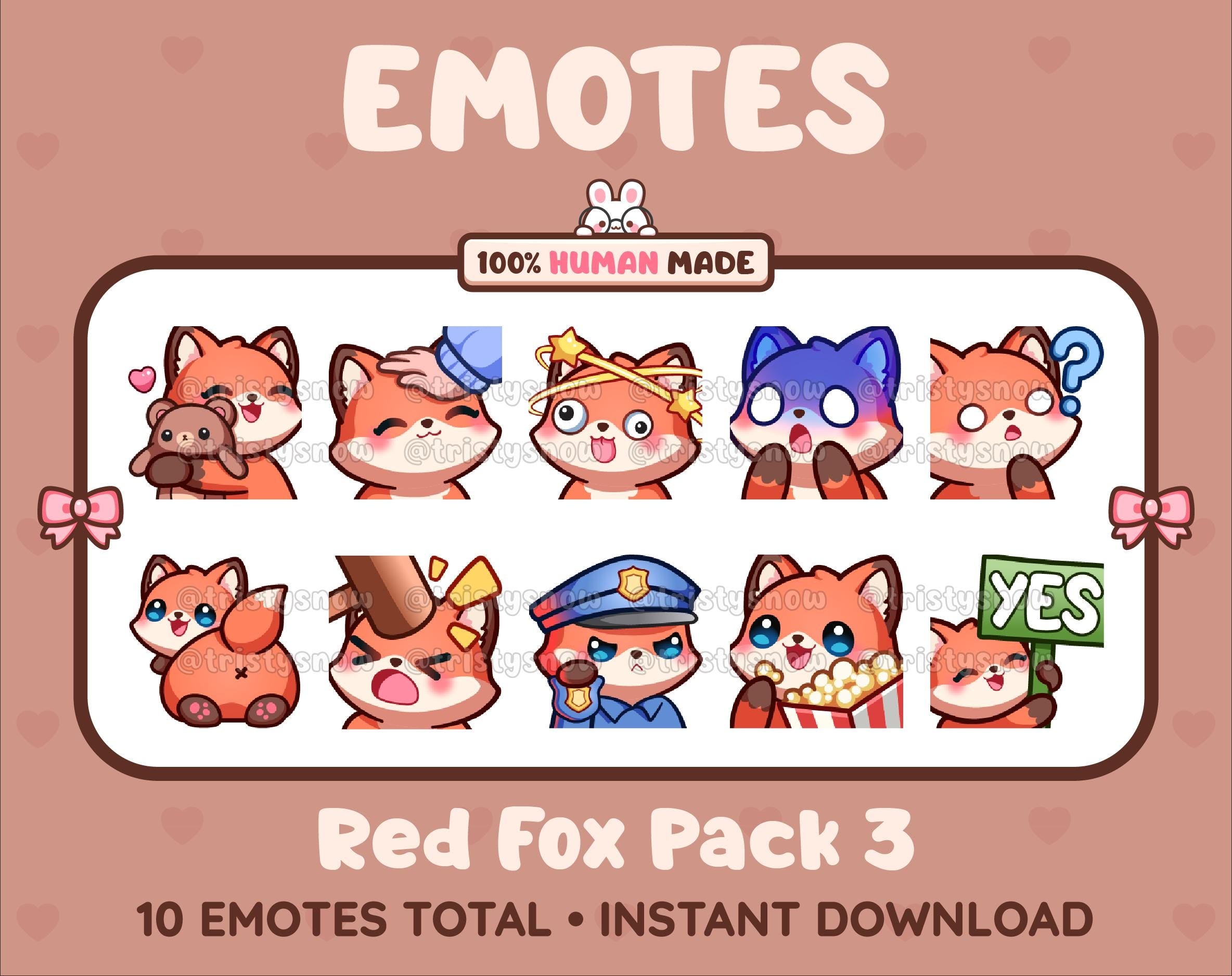 Red Fox Twitch emote pack featuring 10 emotes including hug, scared, bonk, and popcorn.