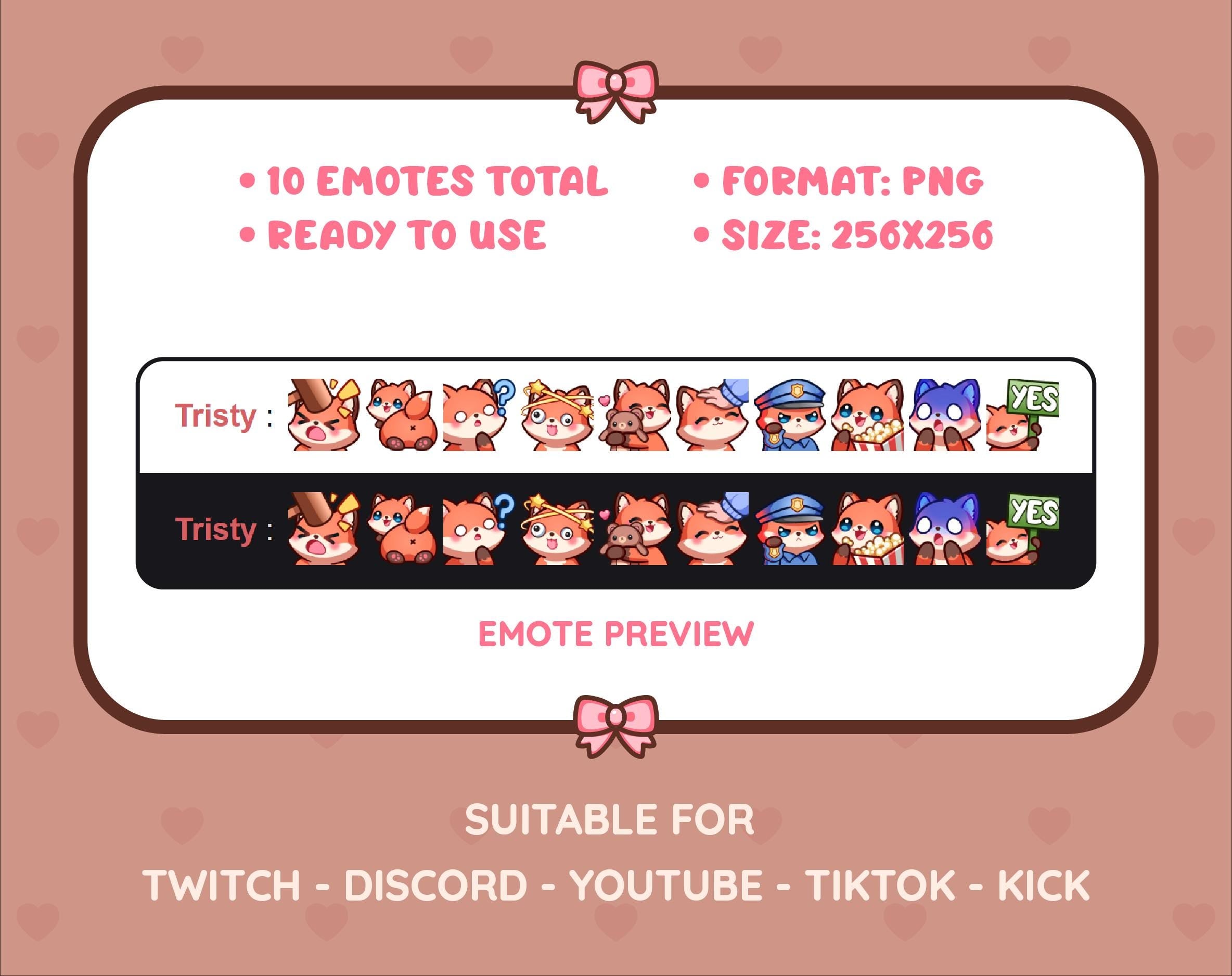 Red Fox Twitch emote pack preview displaying all 10 emotes with format and size information.