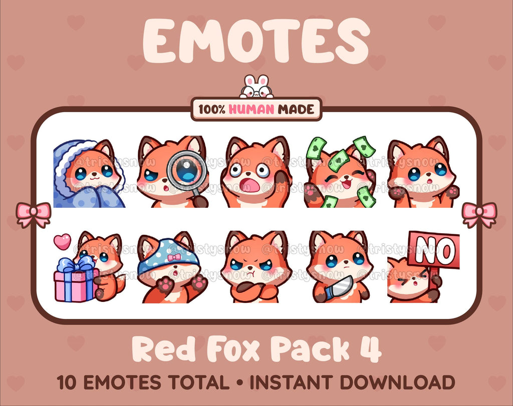 Red Fox Twitch emote pack featuring 10 emotes including cozy, sus, panic, and shrug.