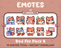 Red Fox Twitch emote pack featuring 10 emotes including cozy, sus, panic, and shrug.