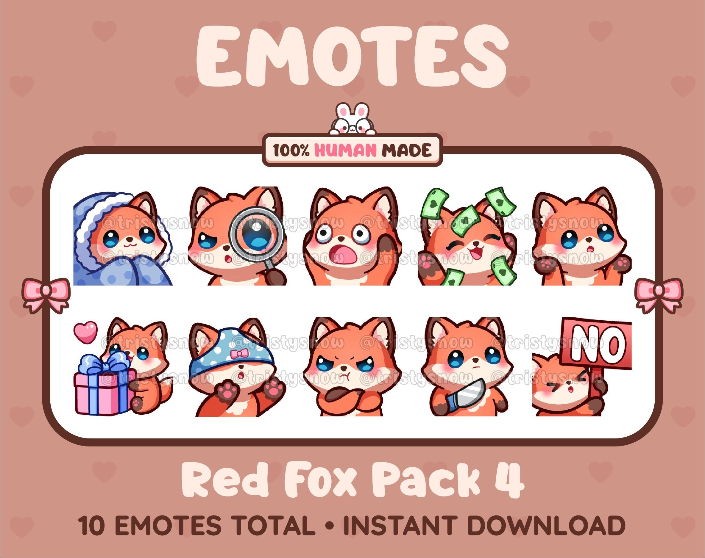 Red Fox Twitch emote pack featuring 10 emotes including cozy, sus, panic, and shrug.