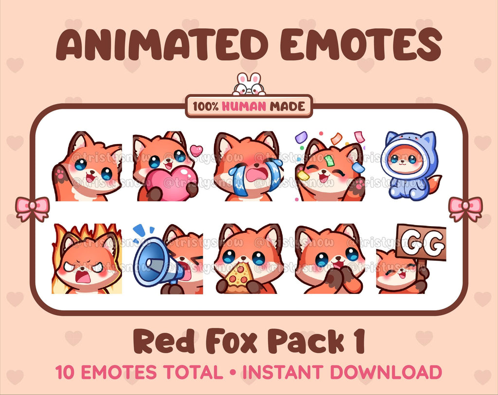 Red Fox animated Twitch emote pack featuring 10 emotes including GG, angry, cry, and hype.