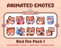 Red Fox animated Twitch emote pack featuring 10 emotes including GG, angry, cry, and hype.