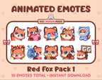 Red Fox animated Twitch emote pack featuring 10 emotes including GG, angry, cry, and hype.