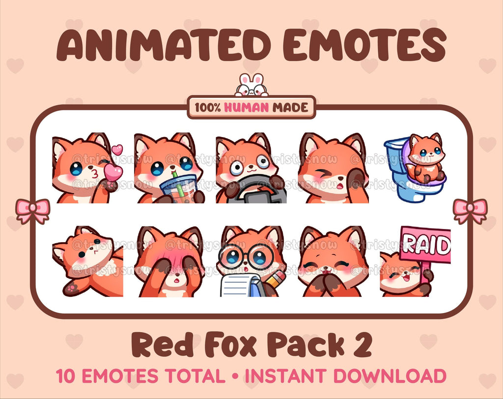 Red Fox animated Twitch emote pack featuring 10 emotes including kiss, facepalm, shy, and raid.