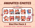 Red Fox animated Twitch emote pack featuring 10 emotes including kiss, facepalm, shy, and raid.