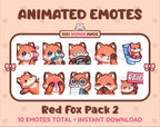 Red Fox animated Twitch emote pack featuring 10 emotes including kiss, facepalm, shy, and raid.