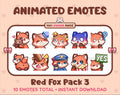 Red Fox animated Twitch emote pack featuring 10 emotes including hug, scared, bonk, and popcorn.