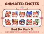 Red Fox animated Twitch emote pack featuring 10 emotes including hug, scared, bonk, and popcorn.