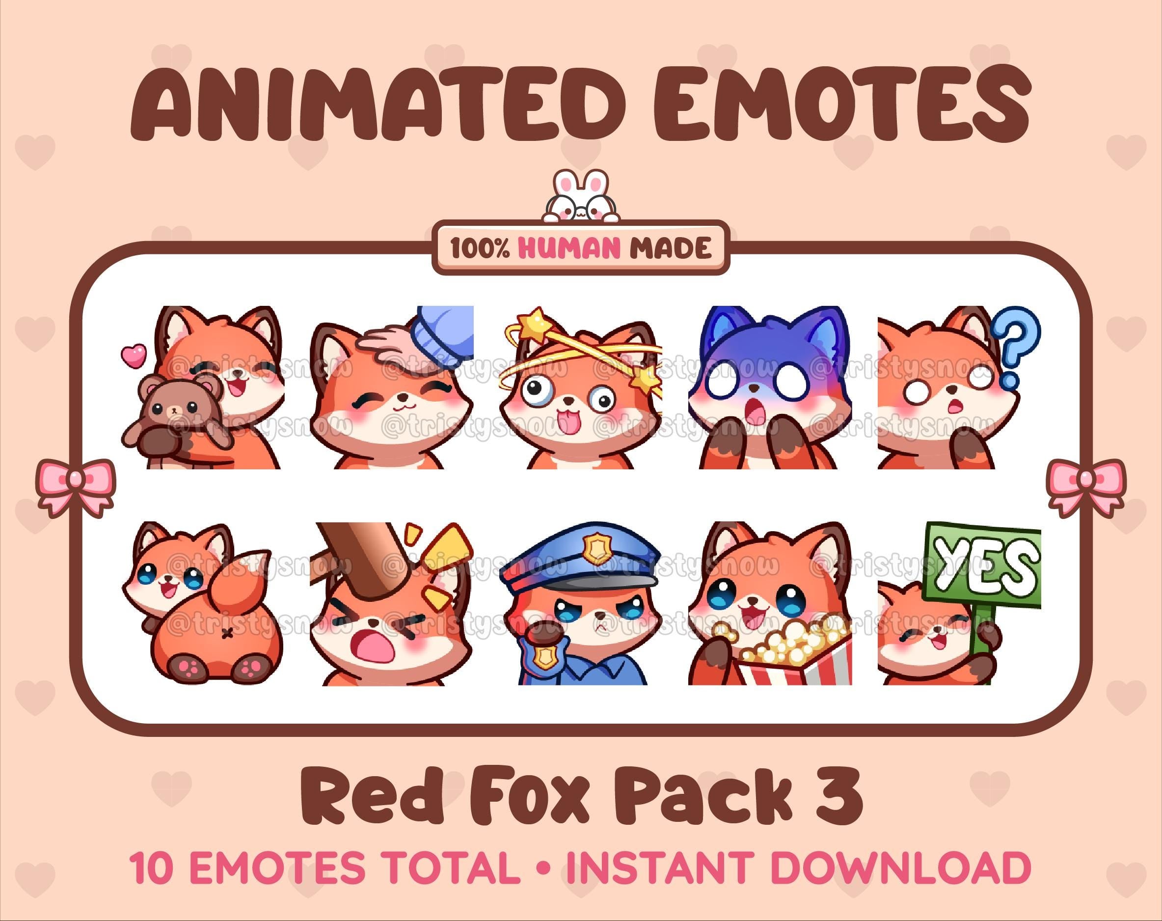 Red Fox animated Twitch emote pack featuring 10 emotes including hug, scared, bonk, and popcorn.
