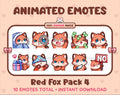 Red Fox animated Twitch emote pack featuring 10 emotes including cozy, sus, panic, and shrug.