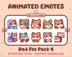 Red Fox animated Twitch emote pack featuring 10 emotes including cozy, sus, panic, and shrug.