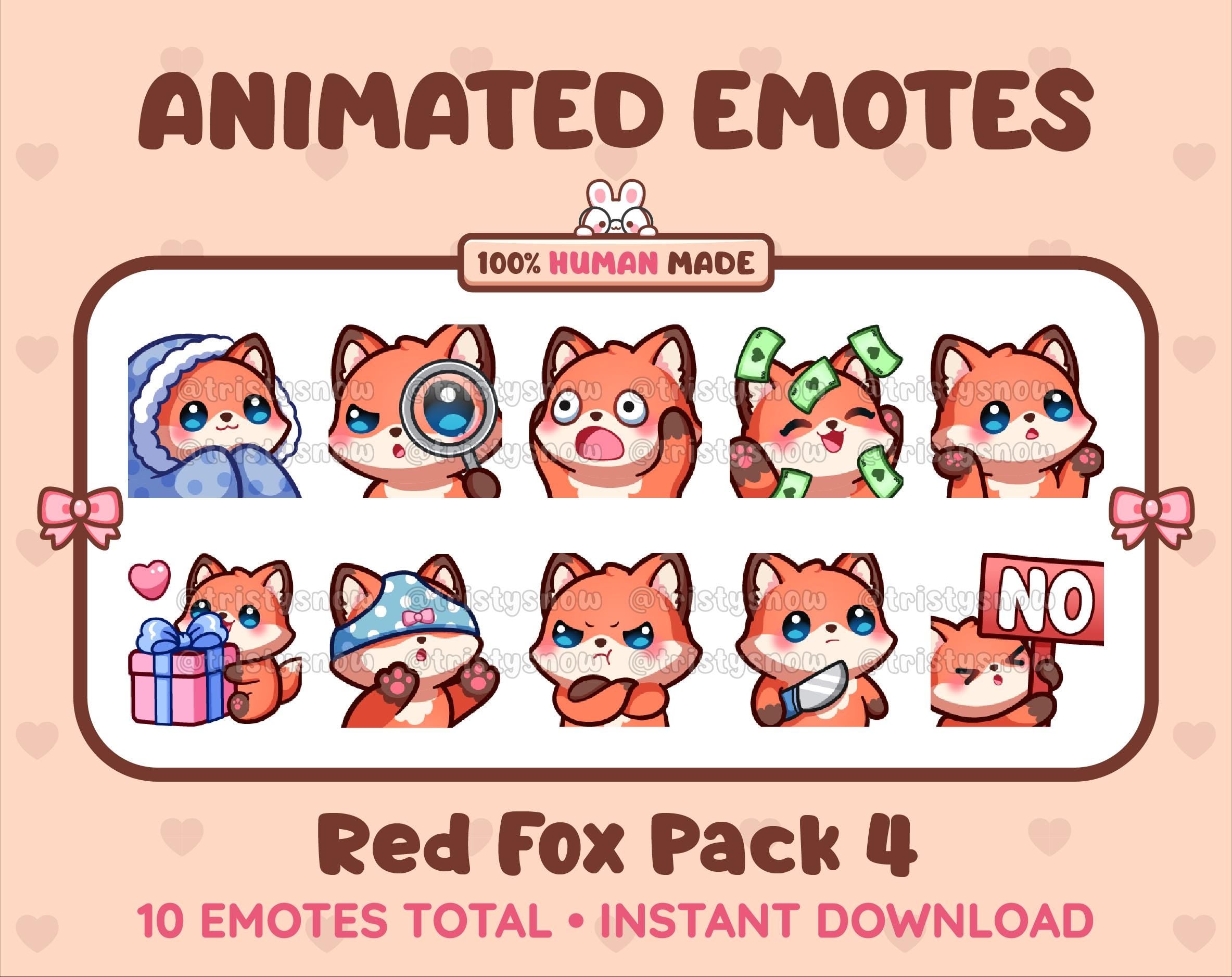 Red Fox animated Twitch emote pack featuring 10 emotes including cozy, sus, panic, and shrug.
