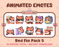 Red Fox animated Twitch emote pack featuring 10 emotes including flower, cool, plead, and lurk.