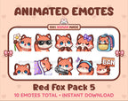 Red Fox animated Twitch emote pack featuring 10 emotes including flower, cool, plead, and lurk.
