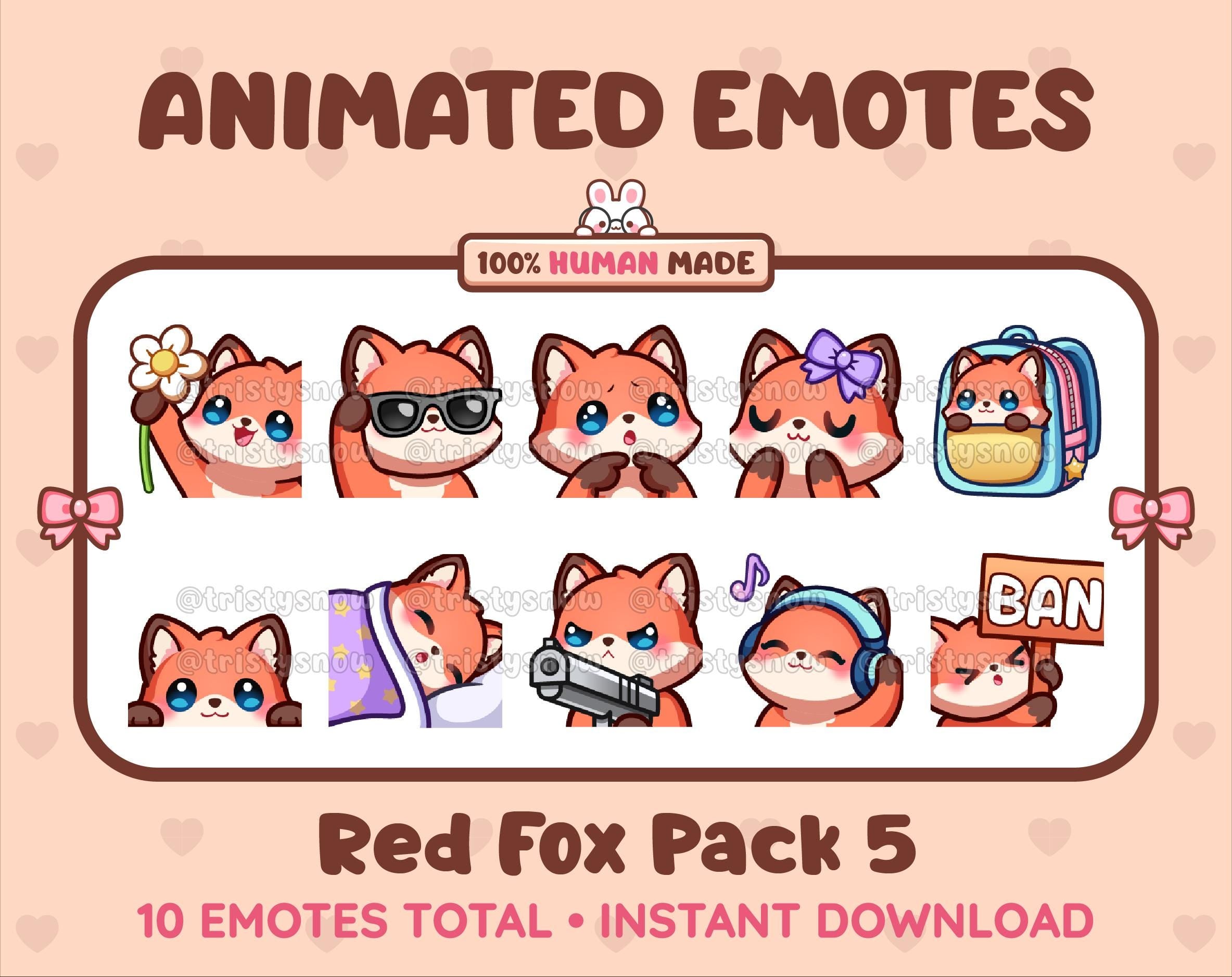 Red Fox animated Twitch emote pack featuring 10 emotes including flower, cool, plead, and lurk.