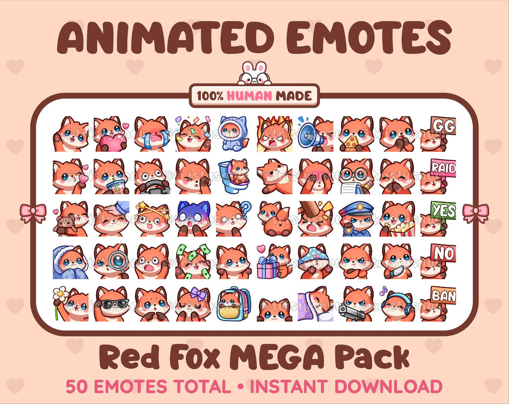Red Fox animated Twitch emote mega pack featuring 50 emotes including hype, kiss, raid, and lurk.