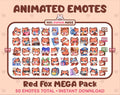 Red Fox animated Twitch emote mega pack featuring 50 emotes including hype, kiss, raid, and lurk.