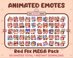 Red Fox animated Twitch emote mega pack featuring 50 emotes including hype, kiss, raid, and lurk.
