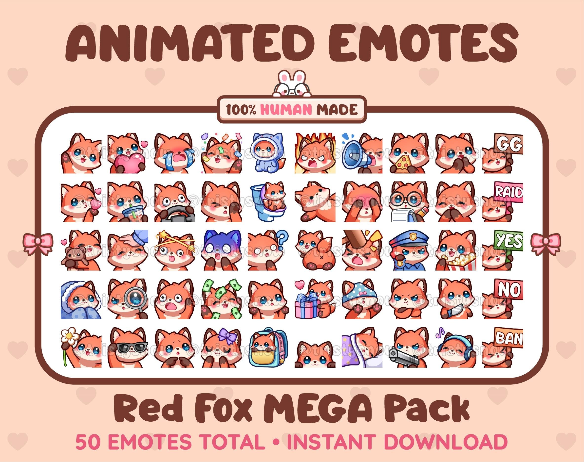 Red Fox animated Twitch emote mega pack featuring 50 emotes including hype, kiss, raid, and lurk.