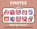 Pink Fox Twitch emote pack featuring 10 emotes including GG, angry, cry, and hype.