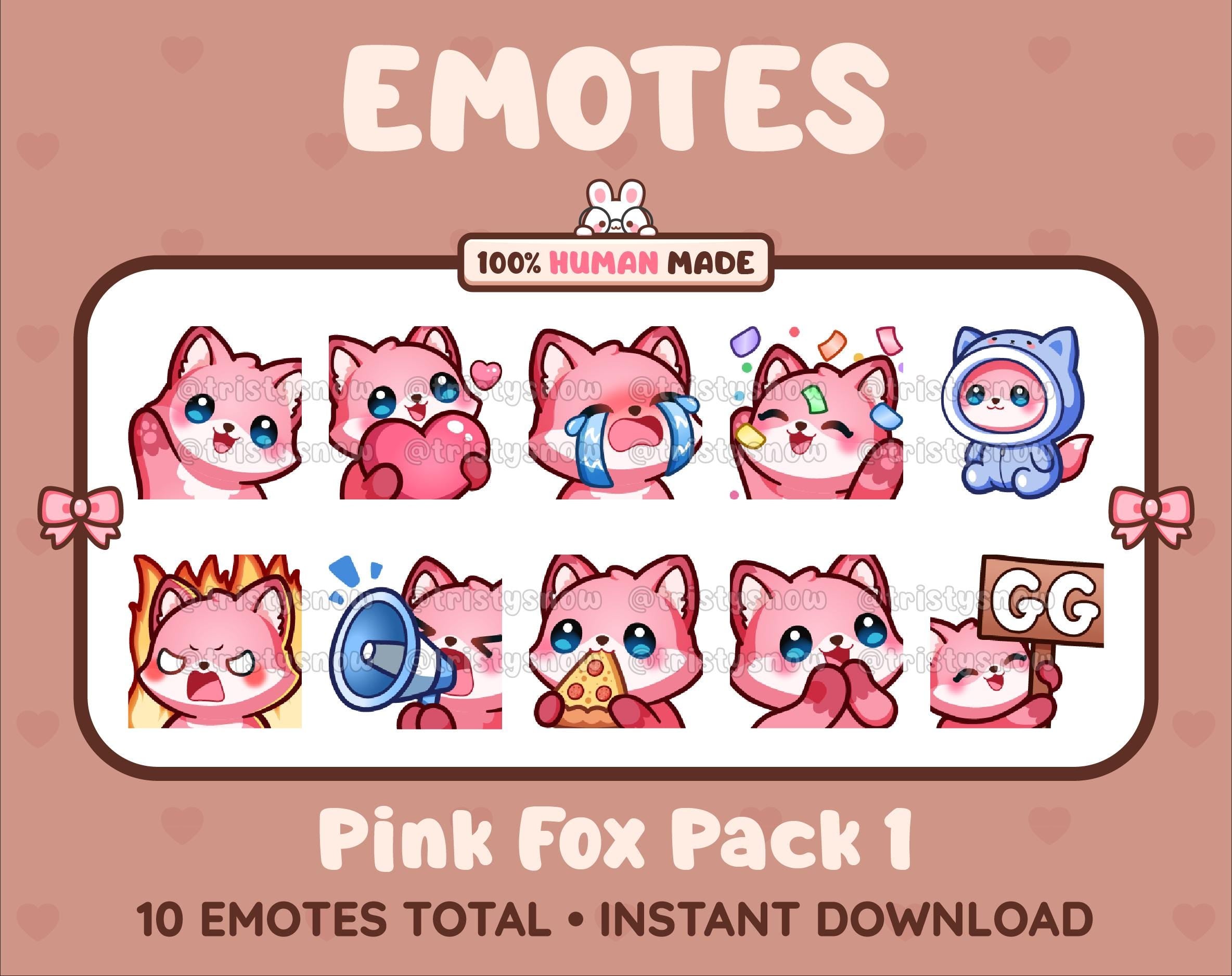 Pink Fox Twitch emote pack featuring 10 emotes including GG, angry, cry, and hype.