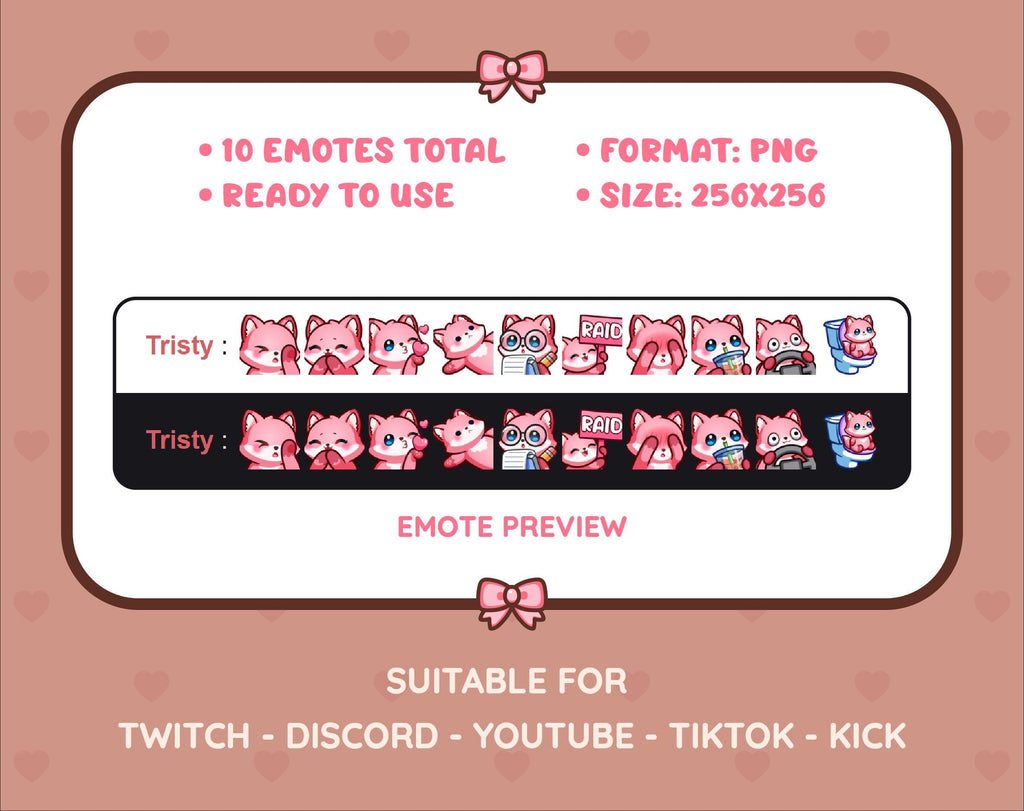 Pink Fox Twitch emote pack preview displaying all 10 emotes with format and size information.