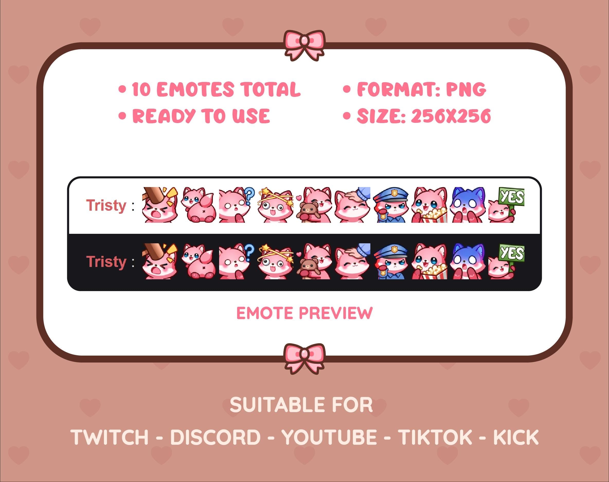 Pink Fox Twitch emote pack preview displaying all 10 emotes with format and size information.