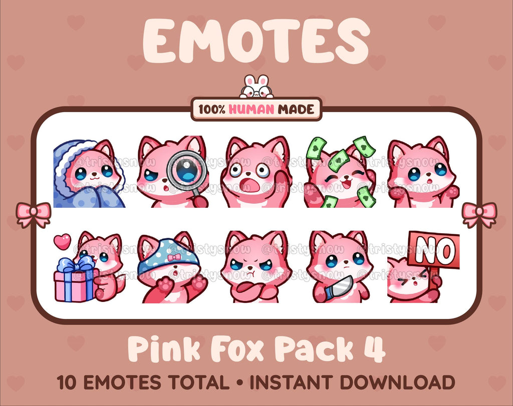 Pink Fox Twitch emote pack featuring 10 emotes including cozy, sus, panic, and shrug.