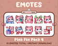 Pink Fox Twitch emote pack featuring 10 emotes including cozy, sus, panic, and shrug.