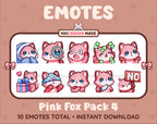Pink Fox Twitch emote pack featuring 10 emotes including cozy, sus, panic, and shrug.