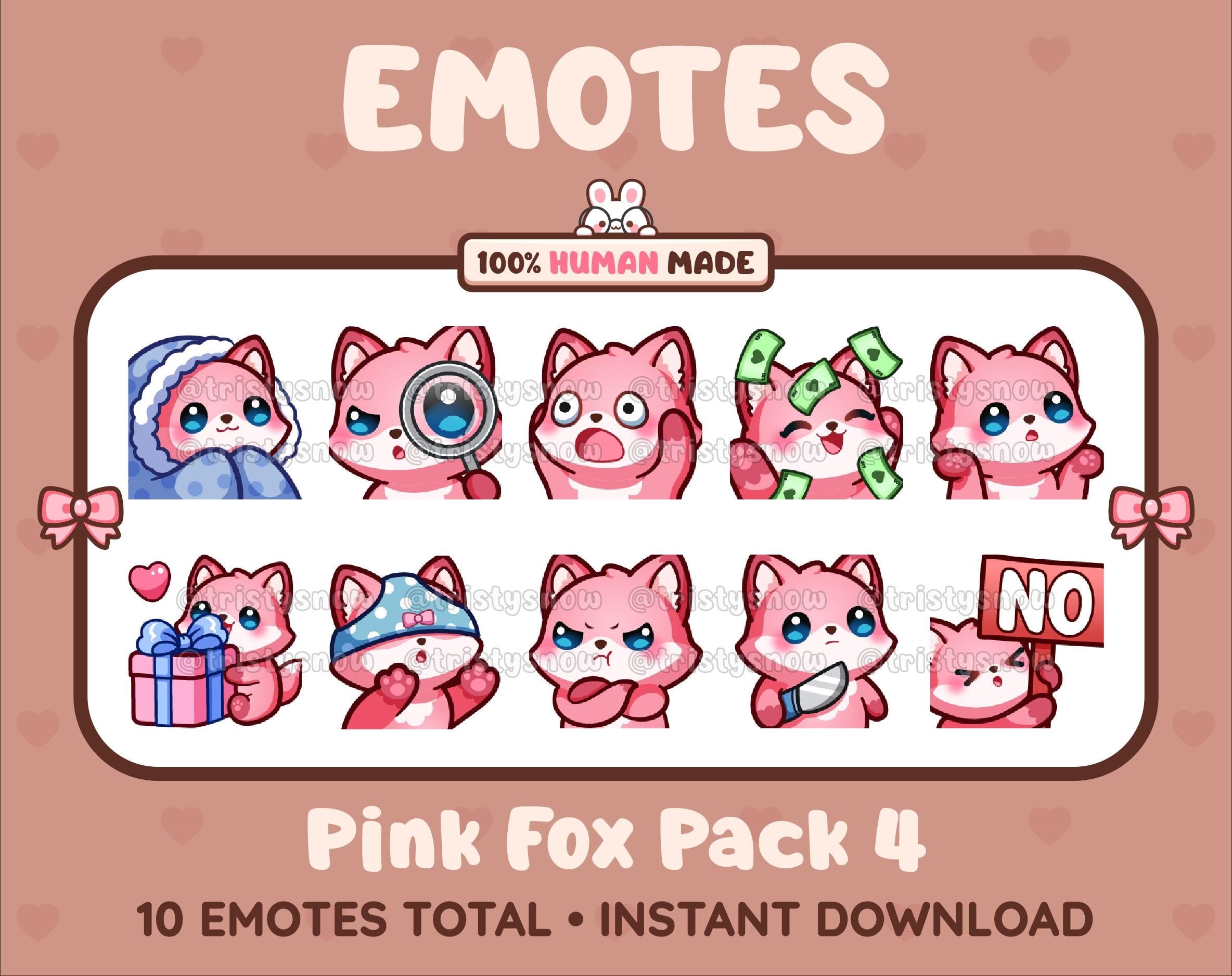 Pink Fox Twitch emote pack featuring 10 emotes including cozy, sus, panic, and shrug.