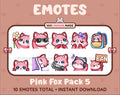 Pink Fox Twitch emote pack featuring 10 emotes including flower, cool, plead, and lurk.