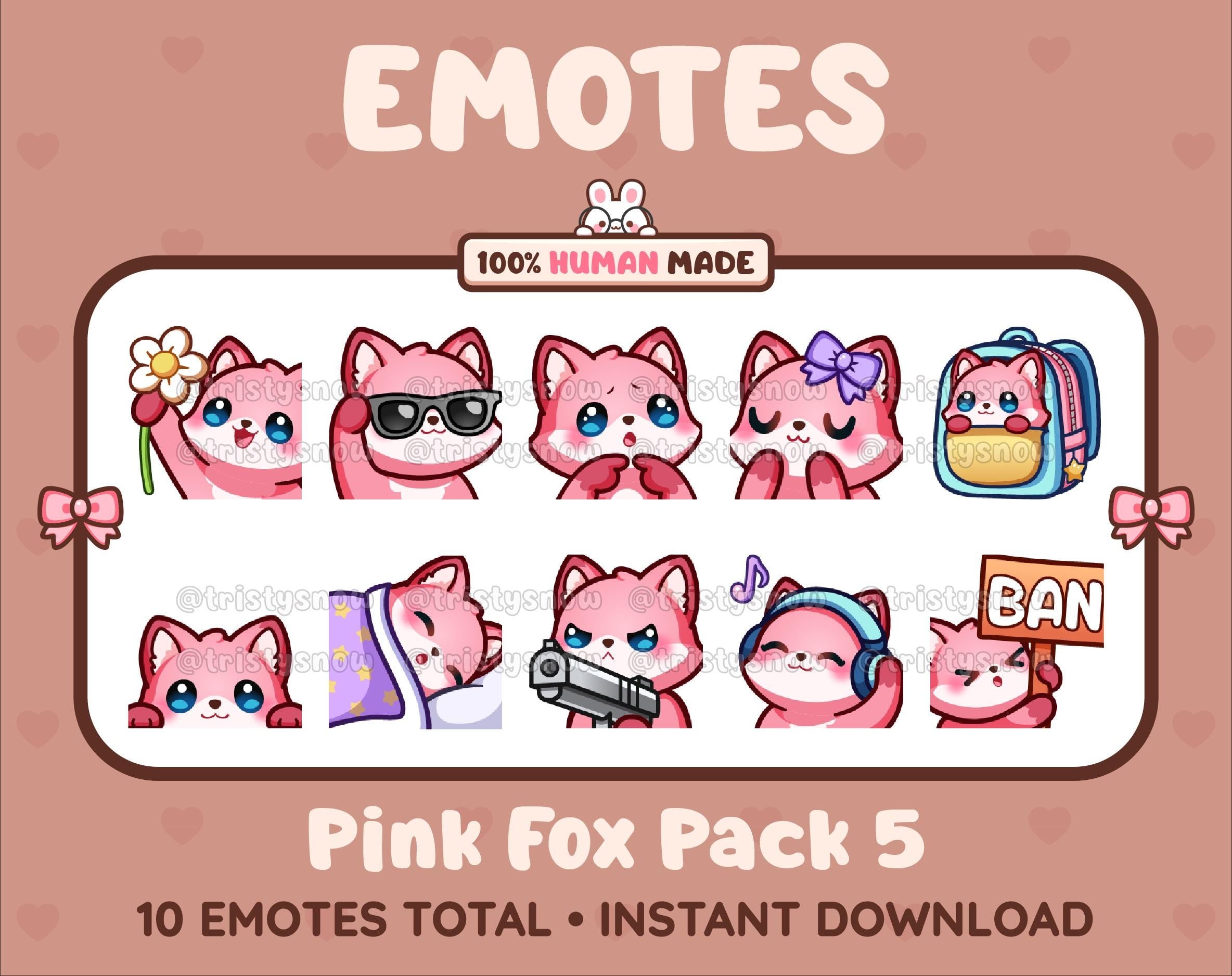 Pink Fox Twitch emote pack featuring 10 emotes including flower, cool, plead, and lurk.