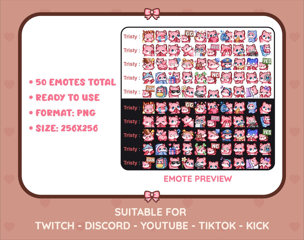 Pink Fox Twitch emote mega pack preview displaying all 50 emotes with format and size information.
