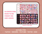 Pink Fox Twitch emote mega pack preview displaying all 50 emotes with format and size information.