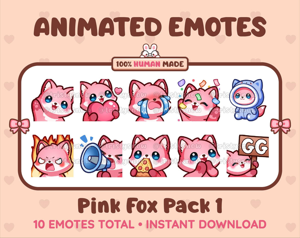 Pink Fox animated Twitch emote pack featuring 10 emotes including GG, angry, cry, and hype.
