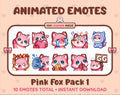 Pink Fox animated Twitch emote pack featuring 10 emotes including GG, angry, cry, and hype.